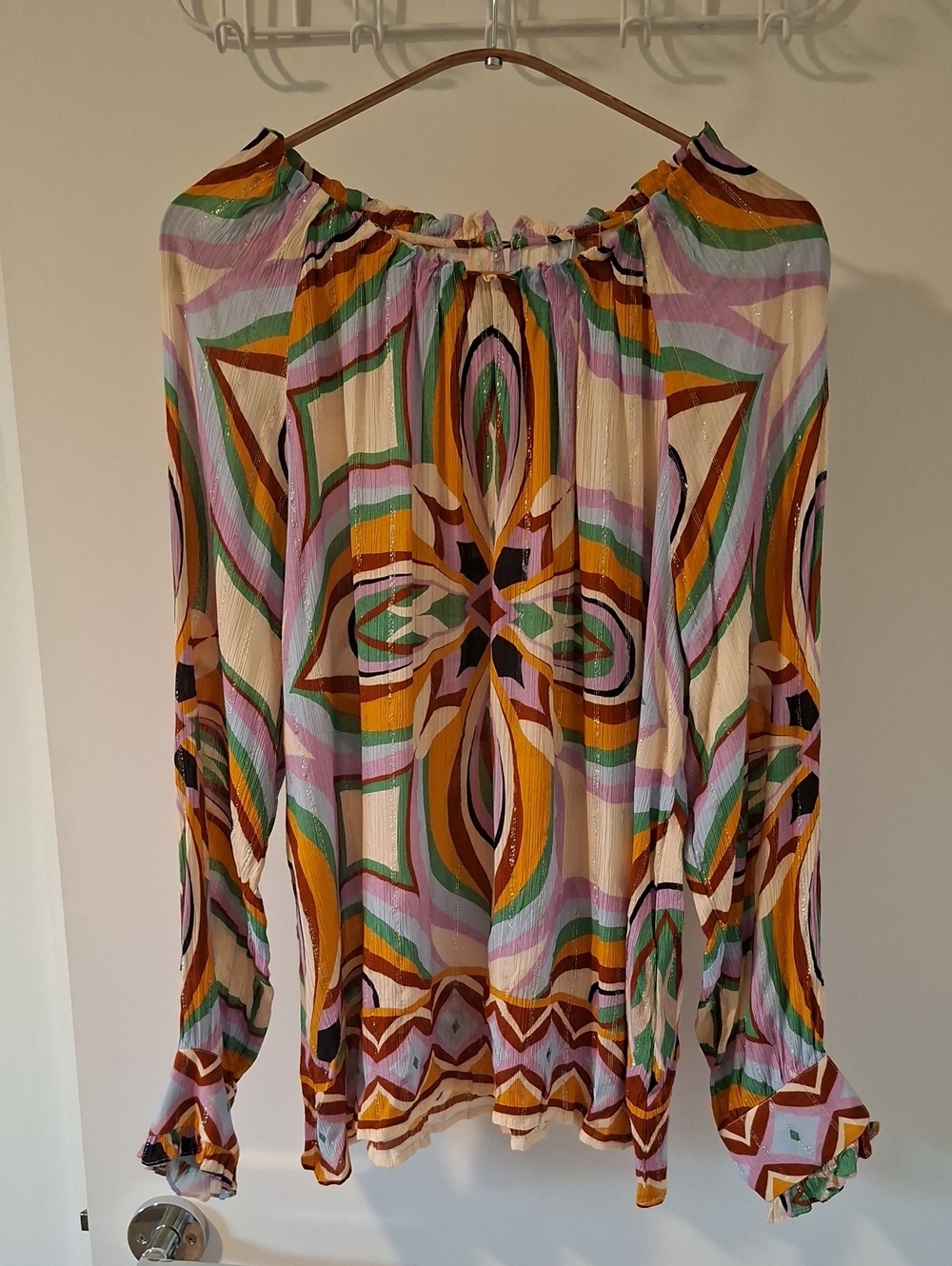 Colorful Flowy Rainbow-print & Metallic Stripe Boho Tunic-style Top (Size L)